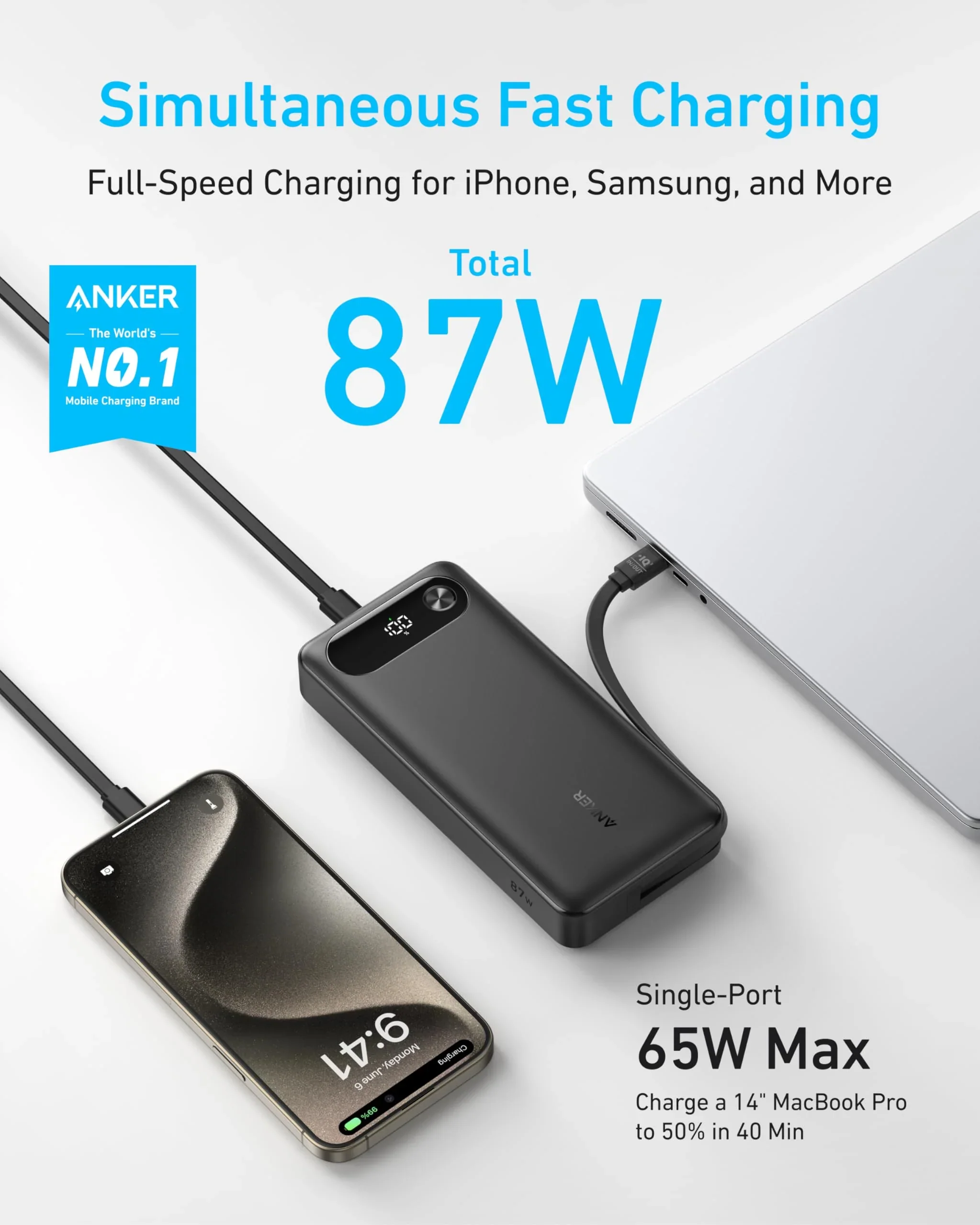 Anker Power Bank 20K, 87W, Built-In USB-C Cable - Image 3